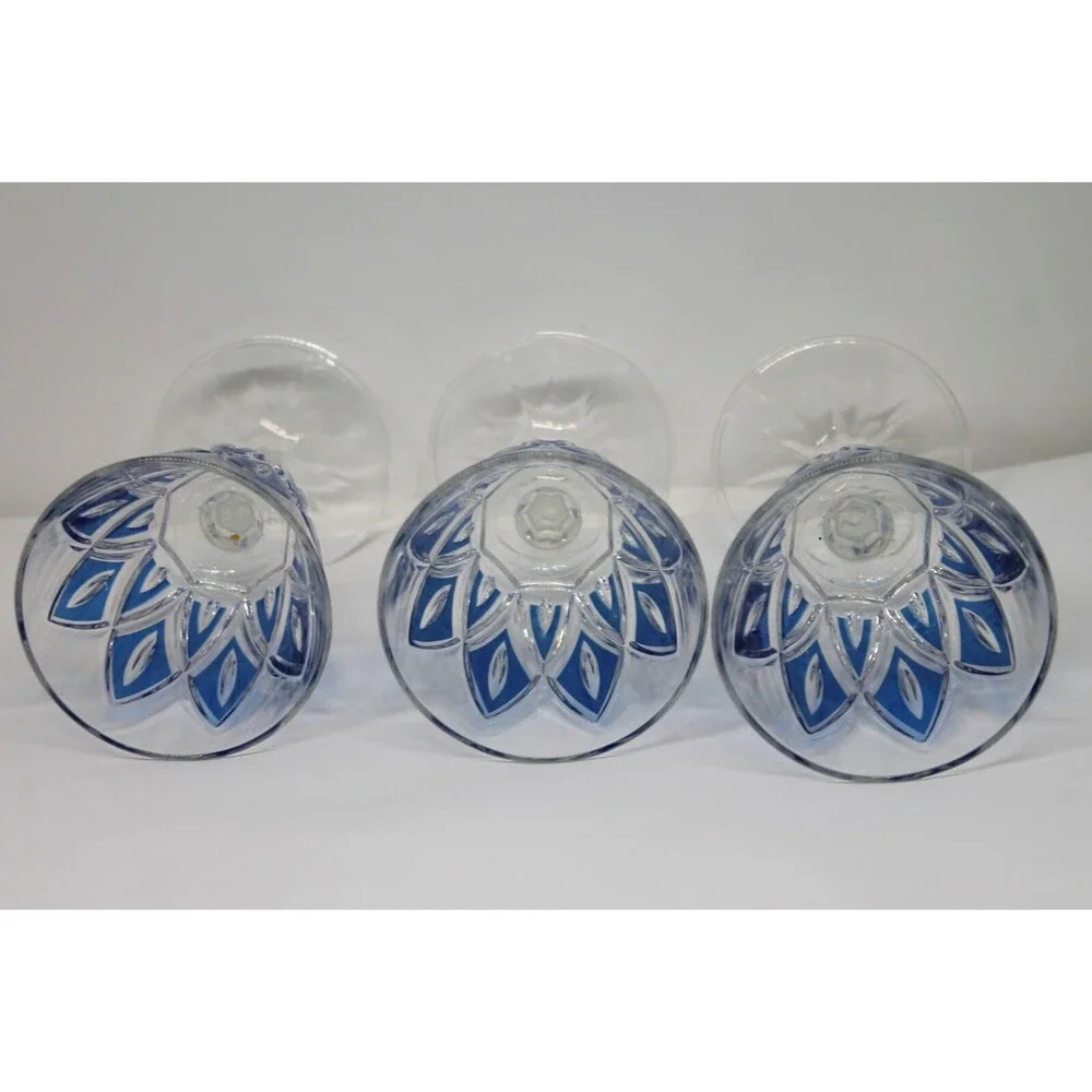 50’s MCM French Diamond Cut Crystal Wine Glasses by VMC Reims S/3 Blue